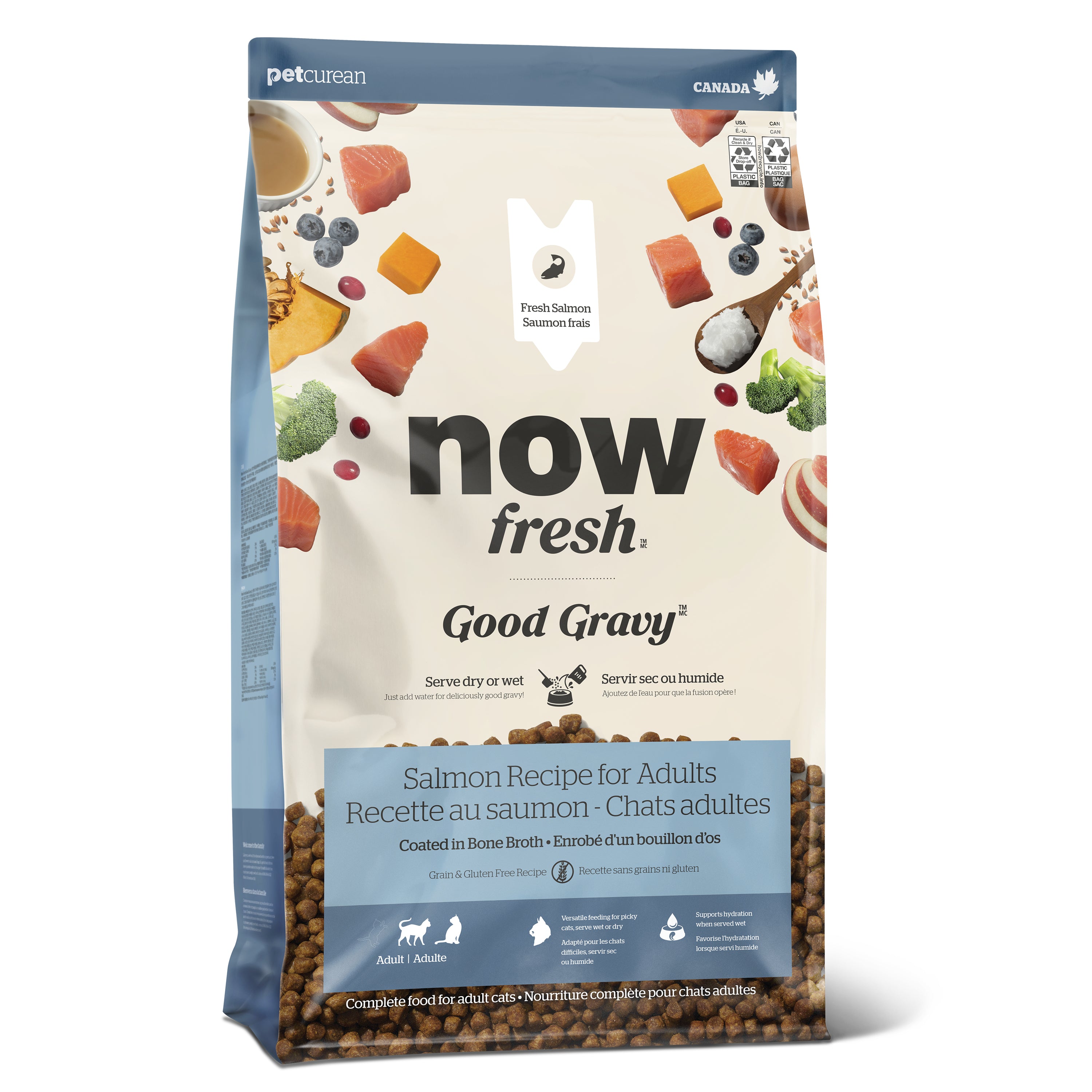 Pet food package for 'now fresh Good Gravy' with salmon recipe on a white background