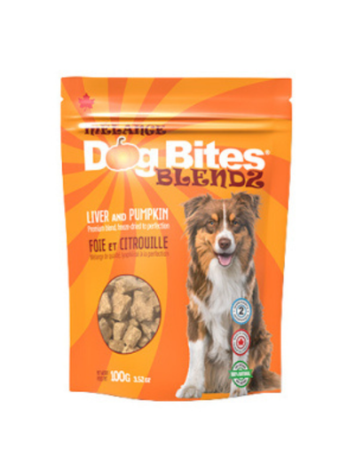 Dog Bites Blendz Freeze Dried Beef Liver & Pumpkin Dog Treats - Front of the 100 g pouch - Dog Bites - PetMax Canada