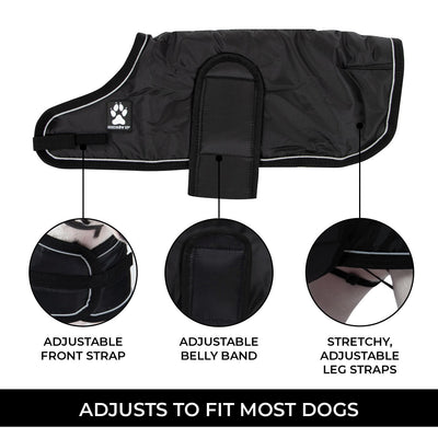 Shedrow K9 Vail Dog Coat Black - feature/adjustability graphic, all-black, 1400x1400 - PetMax Canada