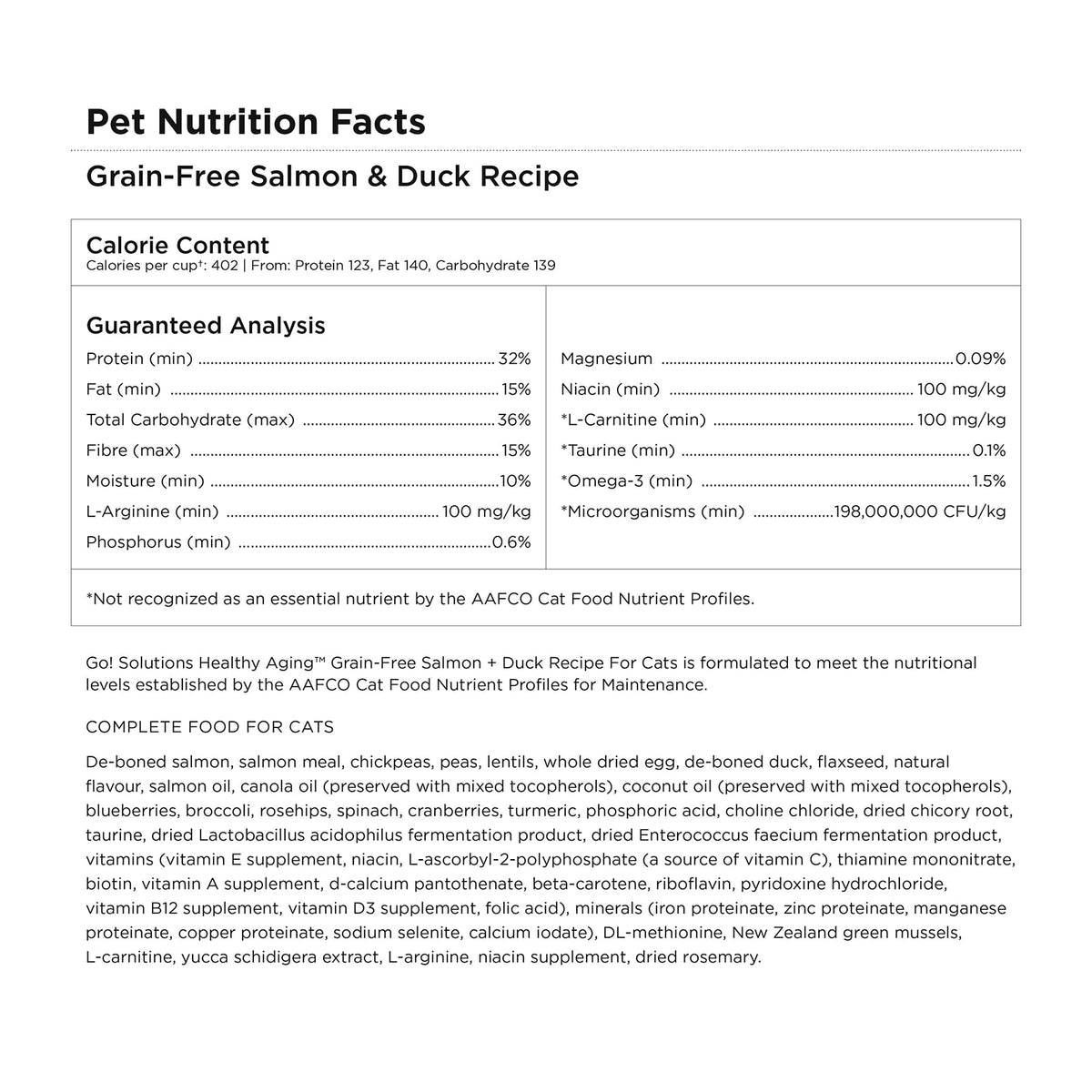 Go! Solutions Healthy Aging Grain-Free Salmon + Duck Recipe Dry Cat Food - Pet Nutrition Facts panel: calorie content, guaranteed analysis and ingredients - PetMax Canada