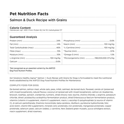 Go! Solutions Healthy Aging Salmon + Duck Recipe With Grains Dry Dog Food - Pet Nutrition Facts panel: calorie content, guaranteed analysis and ingredients - PetMax Canada