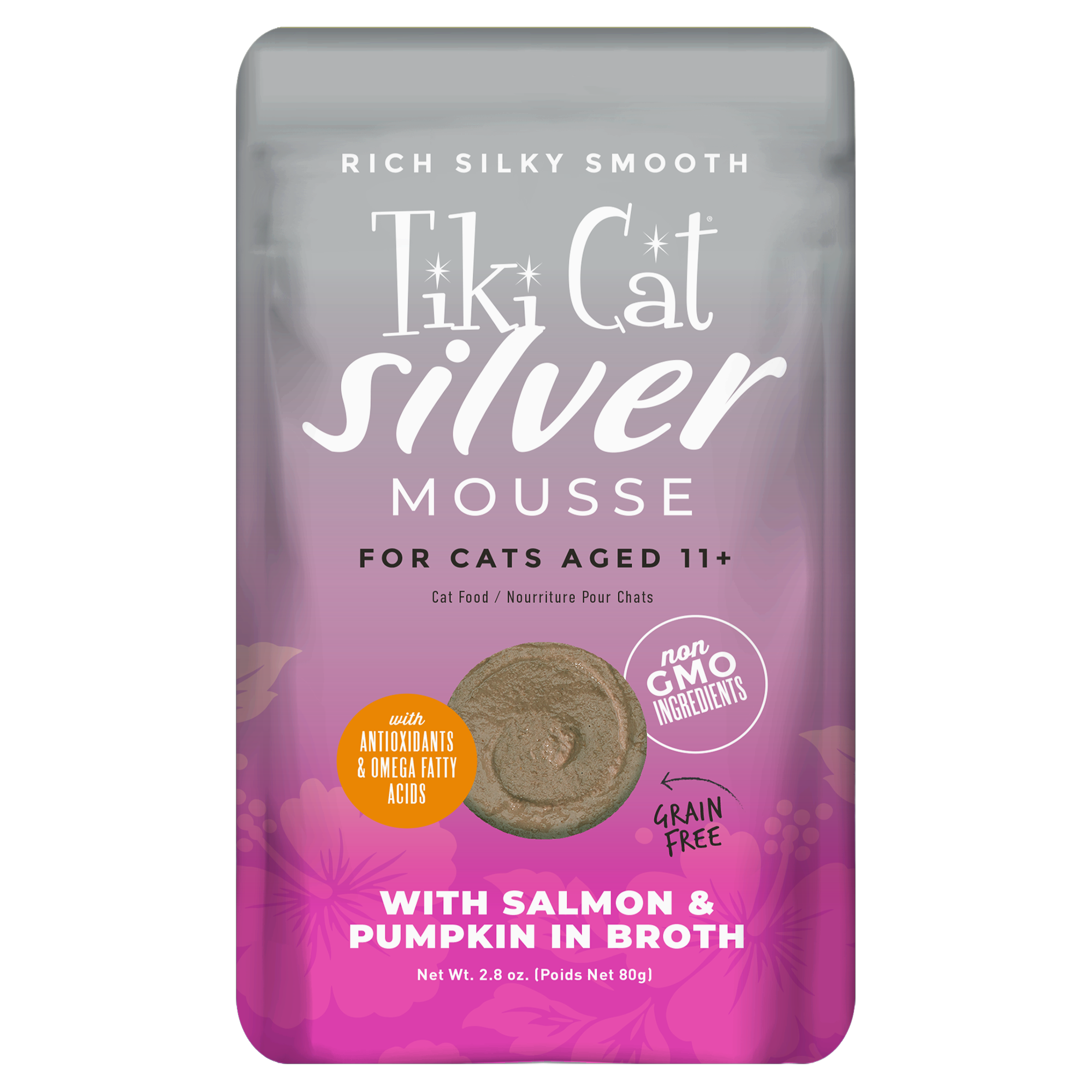 Tiki Cat Velvet Mousse Senior Mousse with Salmon & Pumpkin in Broth Wet Cat Food - Front of Pouch - Tiki Cat - PetMax Canada