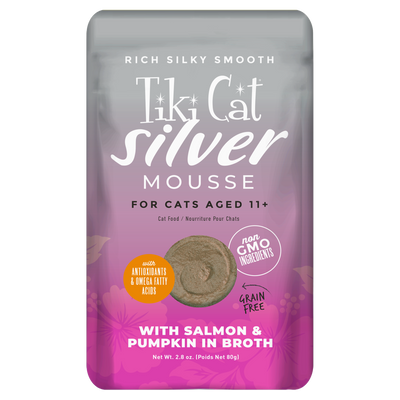 Tiki Cat Velvet Mousse Senior Mousse with Salmon & Pumpkin in Broth Wet Cat Food - Front of Pouch - Tiki Cat - PetMax Canada