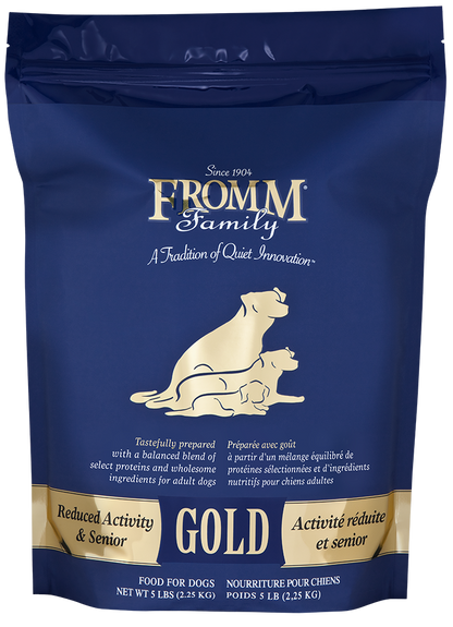 Fromm Family Gold Reduced Activity & Senior dog food packaging on a white background