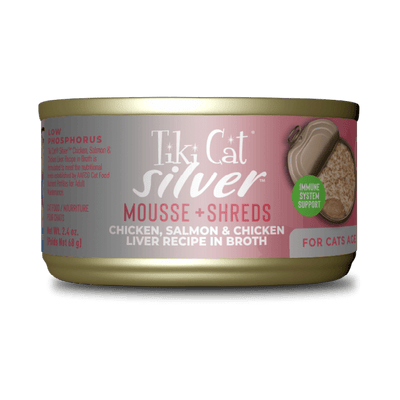 Tiki Cat Can Silver Mousse & Shreds Chicken, Salmon & Chicken Liver In Broth