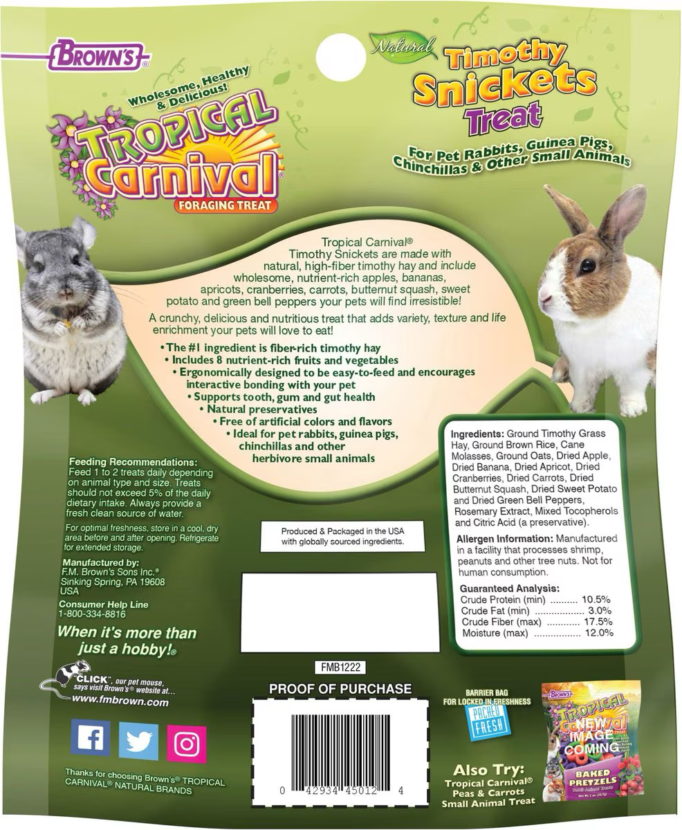 Brown's Tropical Carnival Natural Timothy Snickets Rabbit, Guinea Pig, Chinchilla Treats  Small Animal Food Dry  | PetMax Canada