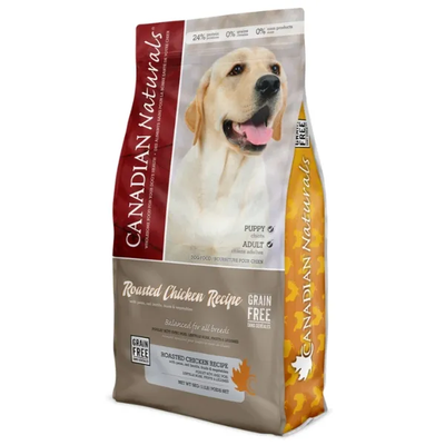 Dog food package with a Labrador retriever on the label, featuring 'Canadian Naturals' branding.