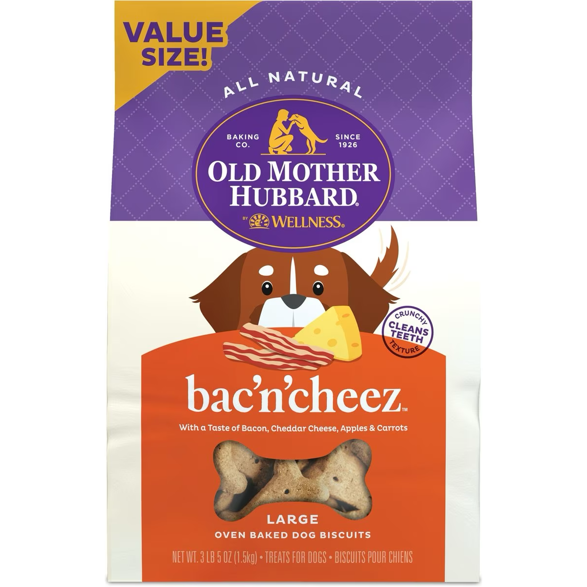 Old Mother Hubbard Classic Bac'N'Cheez Natural Oven-Baked Biscuits Dog Treats Large: 1.59 Kg Dog Treats Large: 1.59 Kg | PetMax Canada