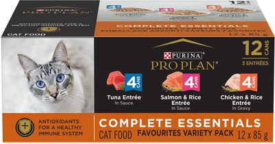 Purina Pro Plan Complete Essentials Favourites Tuna Entree, Salmon & Rice Entree, Chicken & Rice Entree Variety Pack Wet Cat Food 12 Pack: 85g Canned Cat Food 12 Pack: 85g | PetMax Canada