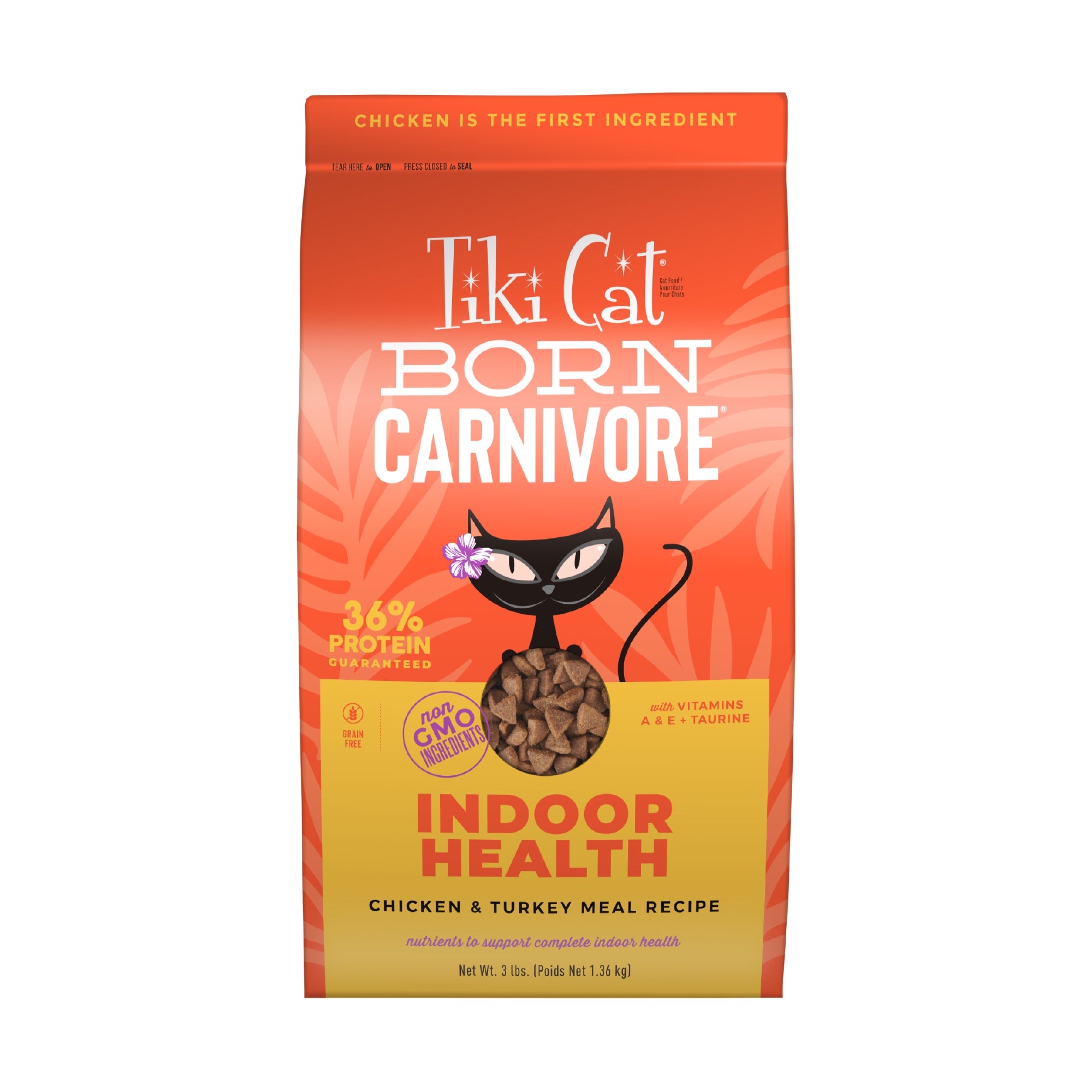 Tiki Cat Born Carnivore Indoor Health Chicken & Turkey Meal Recipe Dry Cat Food - Front of Bag - Tiki Cat - PetMax Canada
