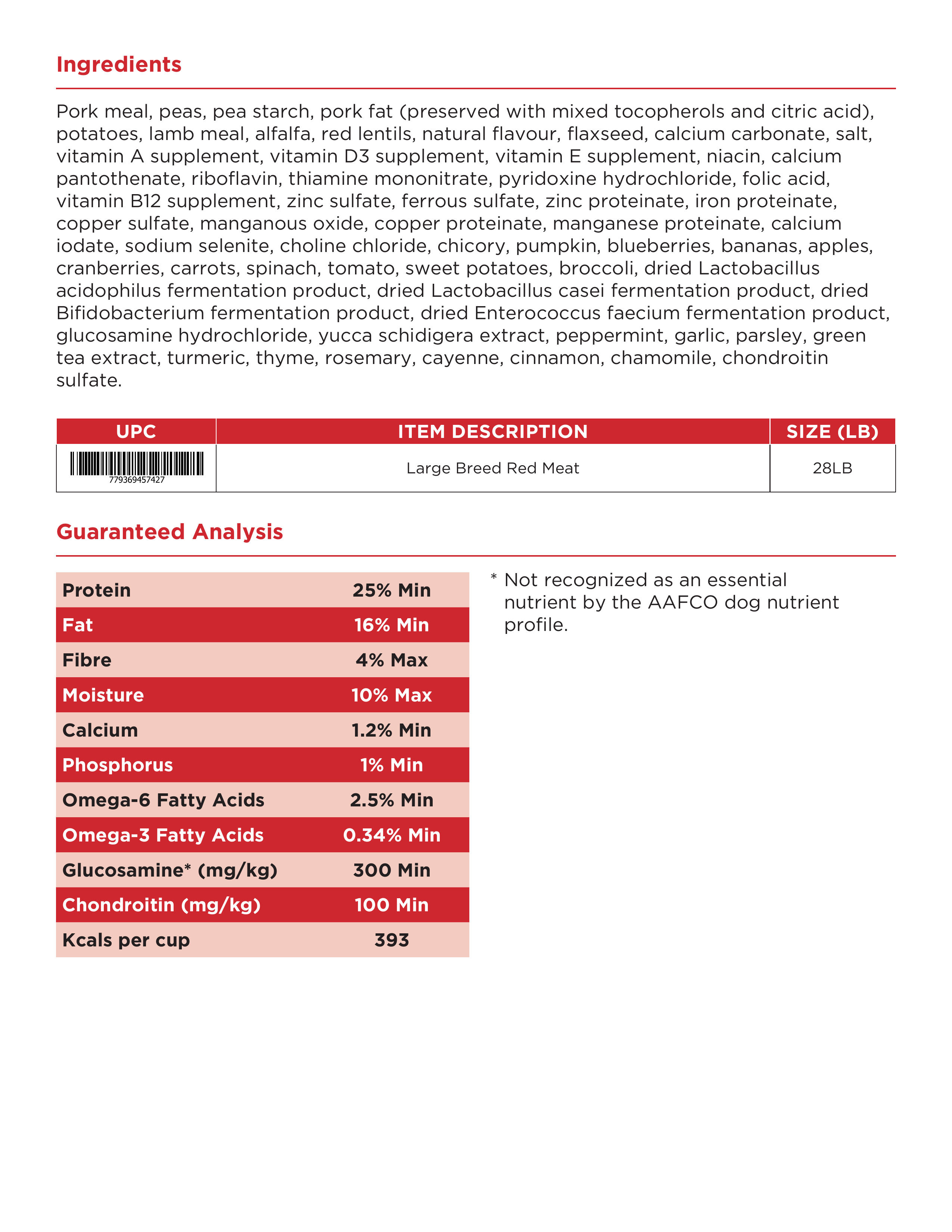 Canadian Naturals Large Breed Red Meat — ingredients and guaranteed analysis