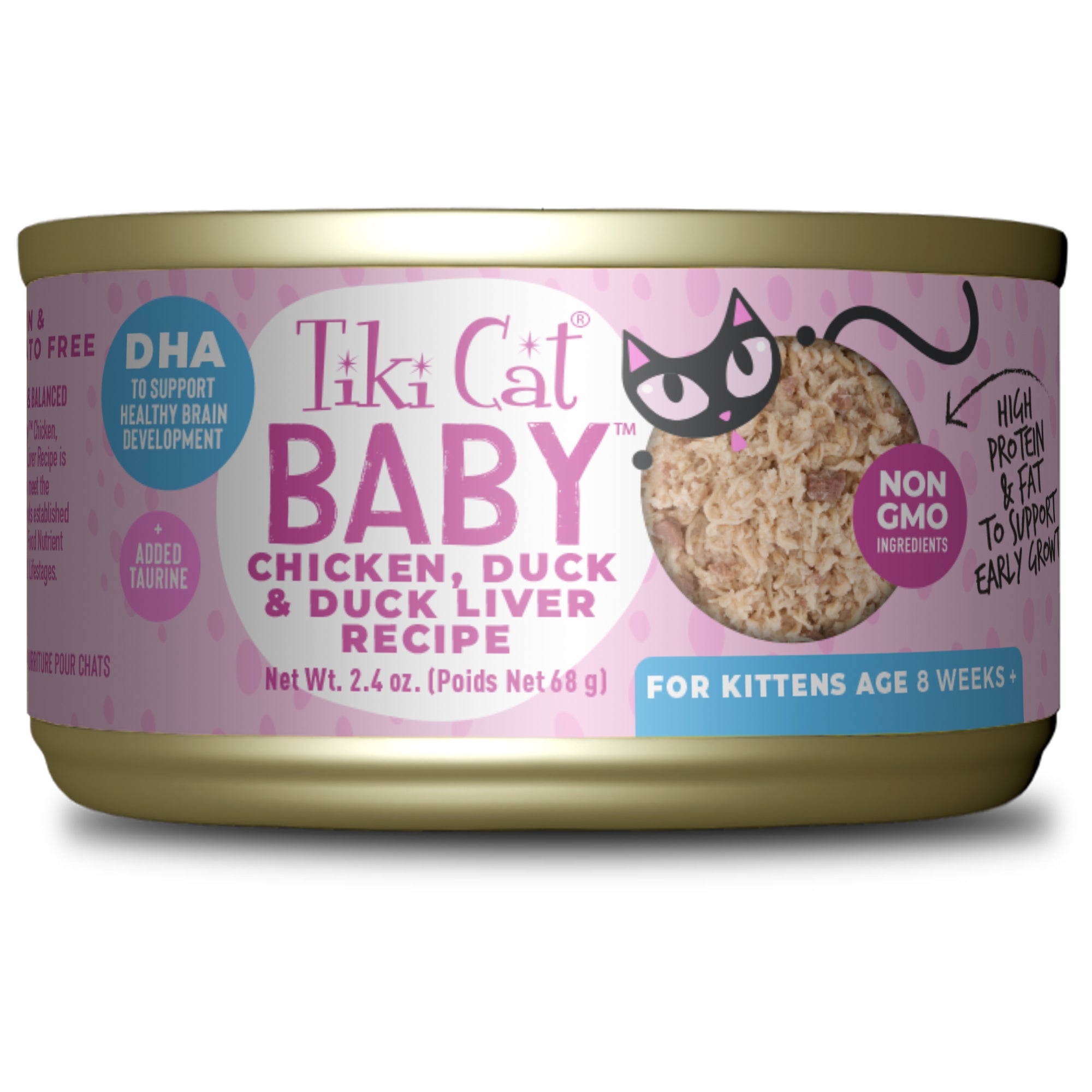 Tiki Cat Baby For Kittens Age 8 Weeks + Chicken, Duck & Duck Liver Recipe Wet Cat Food - Front of Can - Tiki Cat - PetMax Canada
