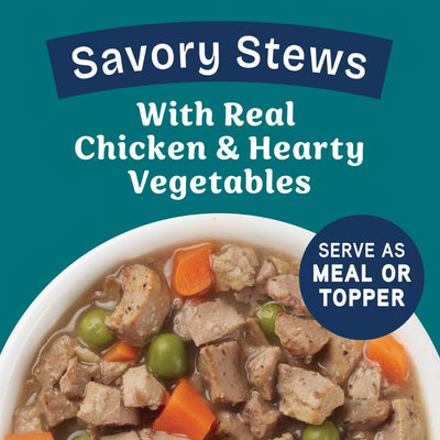 Natural Balance Health Protection Chicken, Pumpkin & Brown Rice Stew Wet Dog Food - 354g - lifestyle food shot banner - 'Savory Stews With Real Chicken & Hearty Vegetables / Serve As Meal Or Topper' - Natural Balance - PetMax Canada
