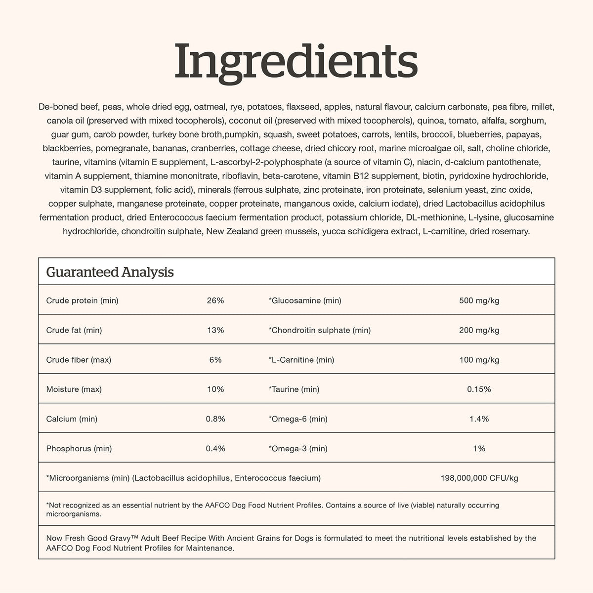 Now Fresh Good Gravy Beef Coated in Bone Broth for Large Breed Adult Dogs - Ingredients and guaranteed analysis - PetMax Canada