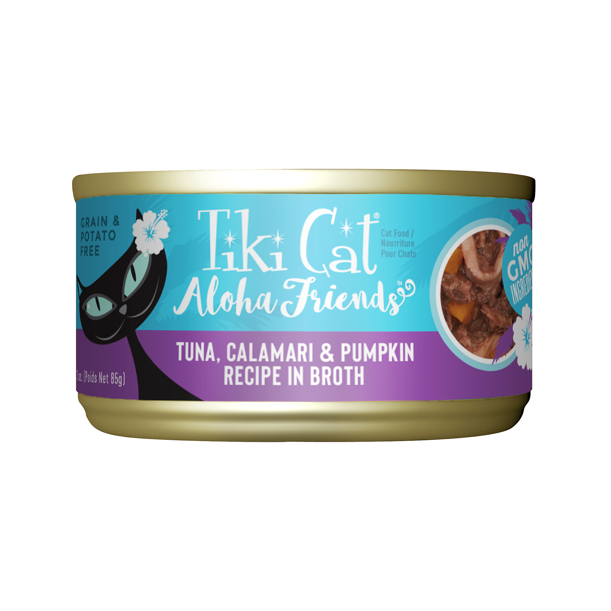Tiki Cat Aloha Friends Tuna, Calamari & Pumpkin Recipe in Broth Wet Cat Food - Front of Can - Tiki Cat - PetMax Canada