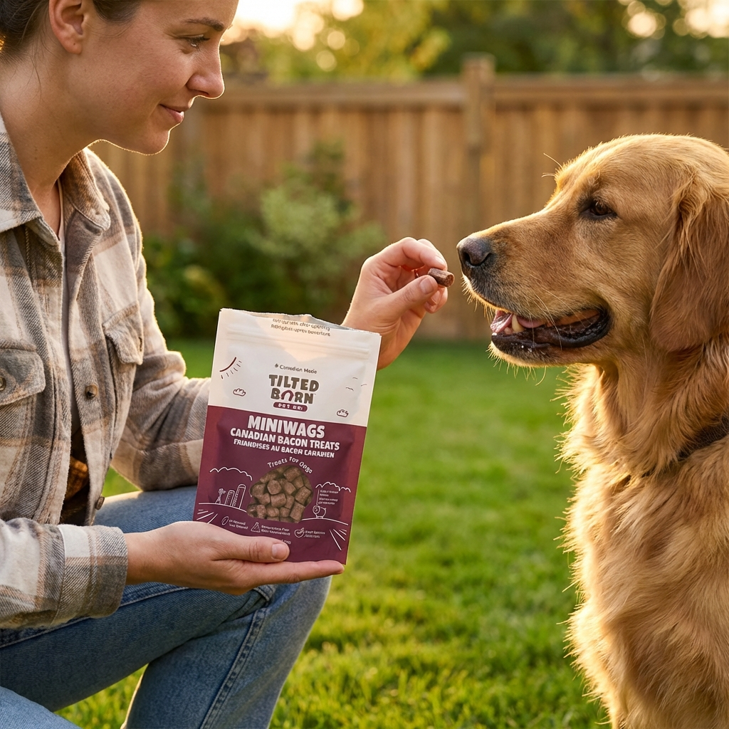 Woman feeding a dog Tilted Born pet treats in a garden