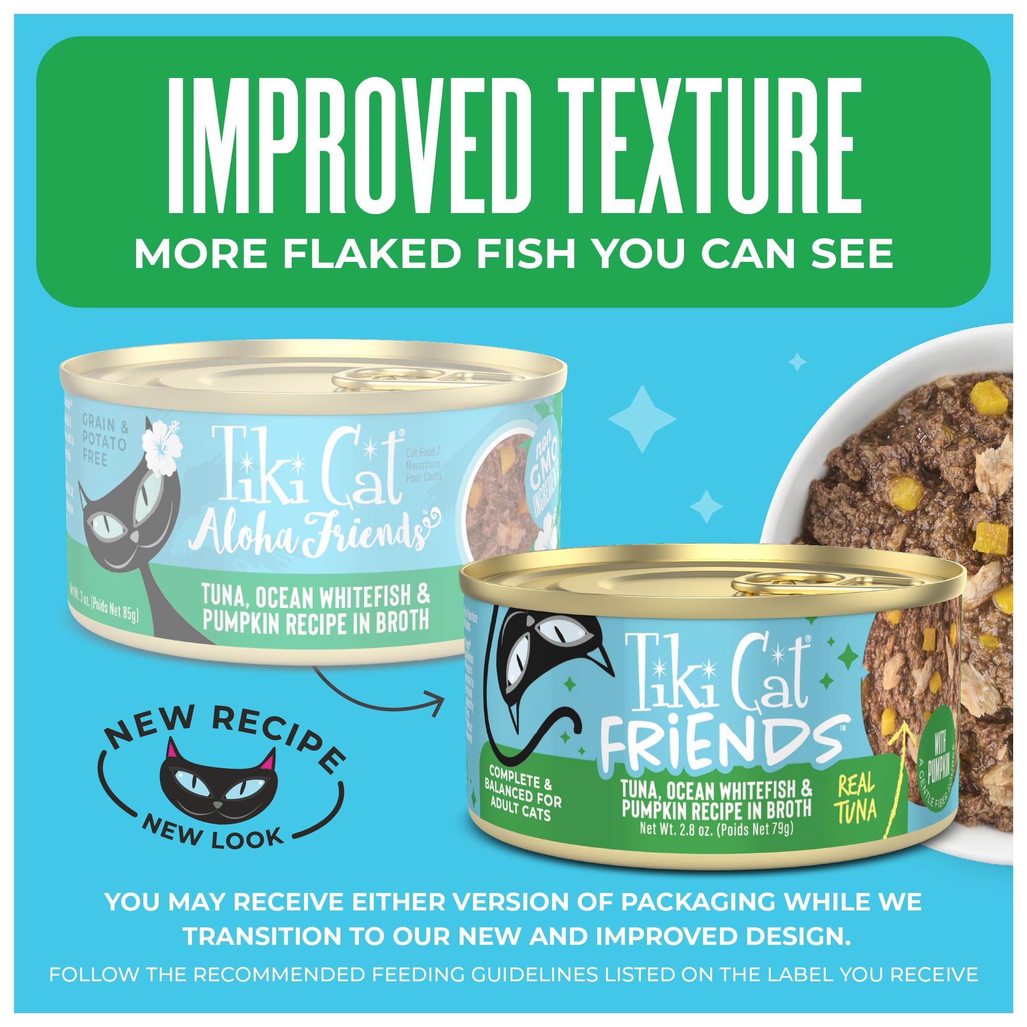 Tiki Cat Aloha Friends Tuna, Ocean Whitefish & Pumpkin Recipe in Broth Wet Cat Food - Feeding Transition Guide - Tiki Cat - PetMax Canada