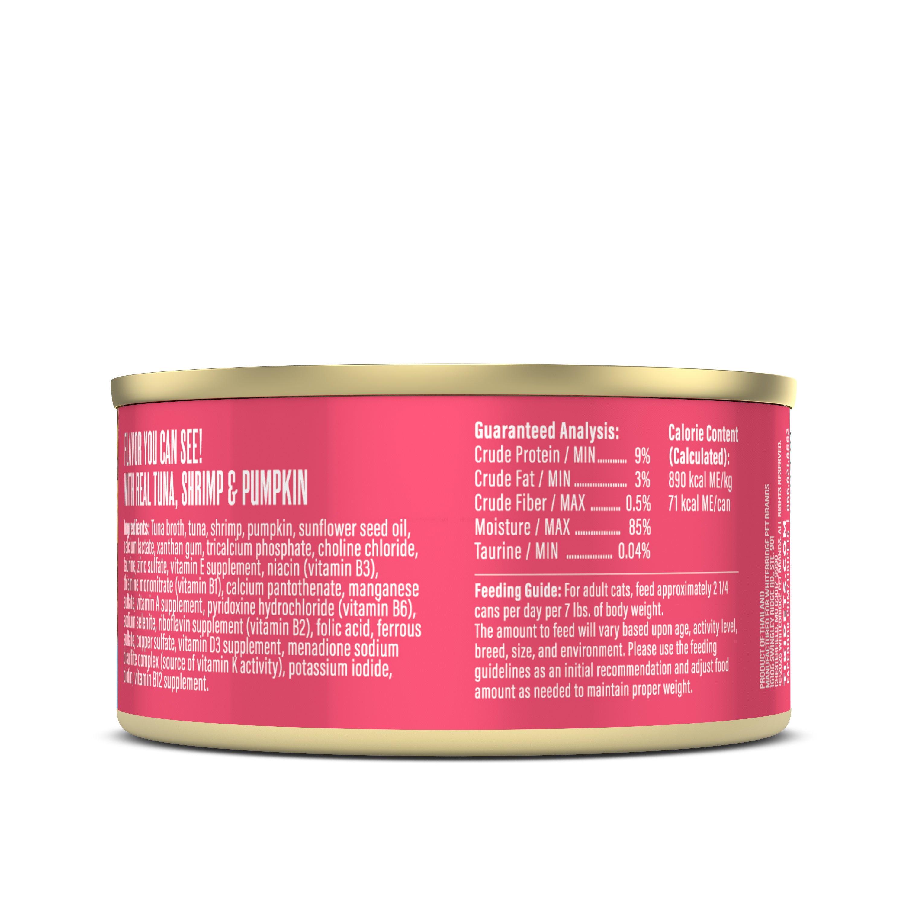 Tiki Cat Aloha Friends Tuna, Shrimp & Pumpkin Recipe in Broth Wet Cat Food - Back of Pack Nutrition Info - Tiki Cat - PetMax Canada