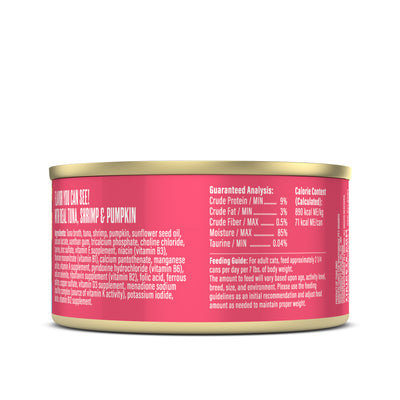 Tiki Cat Aloha Friends Tuna, Shrimp & Pumpkin Recipe in Broth Wet Cat Food - Back of Pack Nutrition Info - Tiki Cat - PetMax Canada