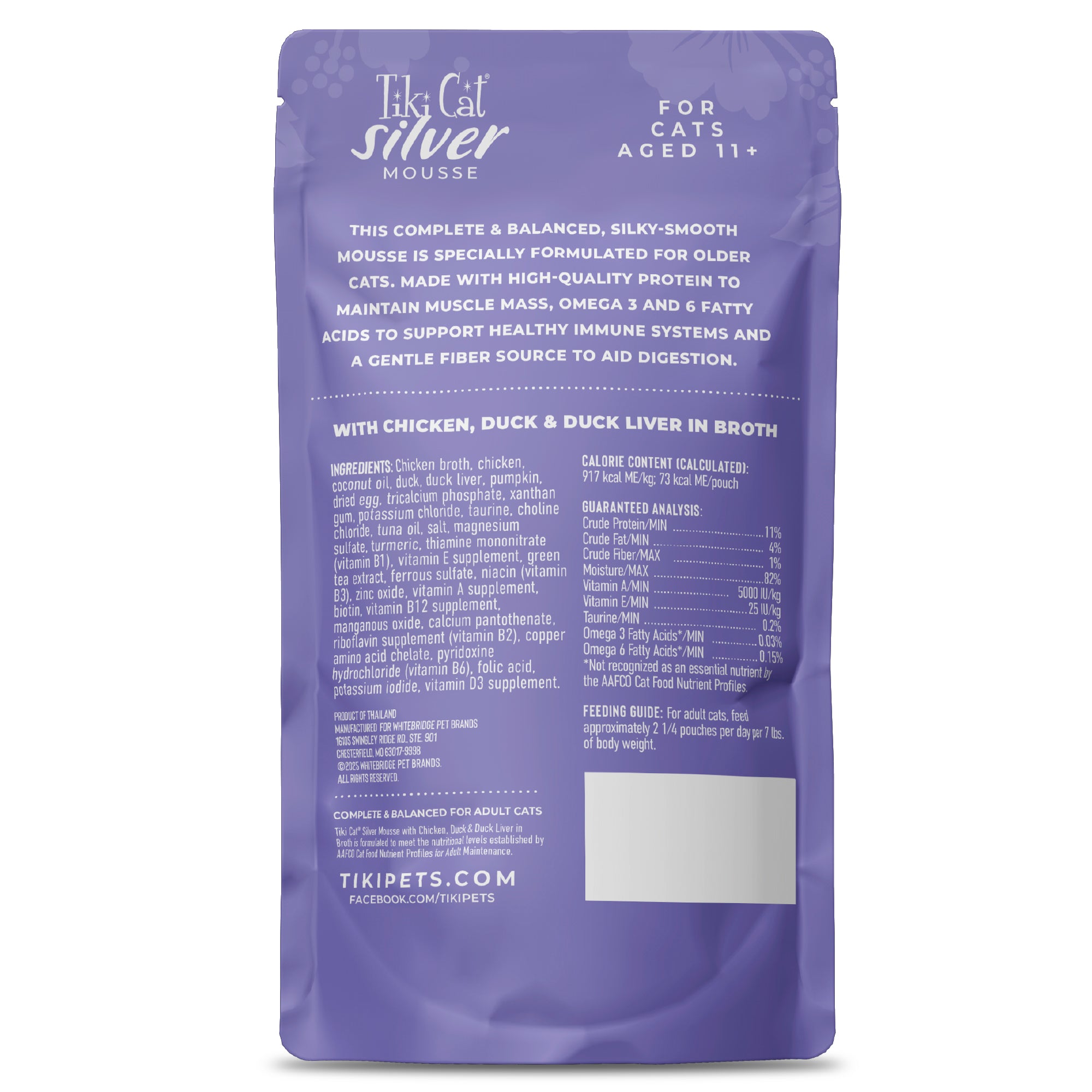 Tiki Cat Silver Mousse with Chicken, Duck & Duck Liver in Broth Wet Cat Food - Back of Pack Nutrition Info - Tiki Cat - PetMax Canada