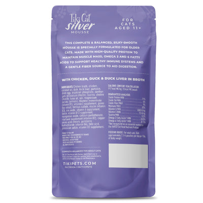 Tiki Cat Silver Mousse with Chicken, Duck & Duck Liver in Broth Wet Cat Food - Back of Pack Nutrition Info - Tiki Cat - PetMax Canada