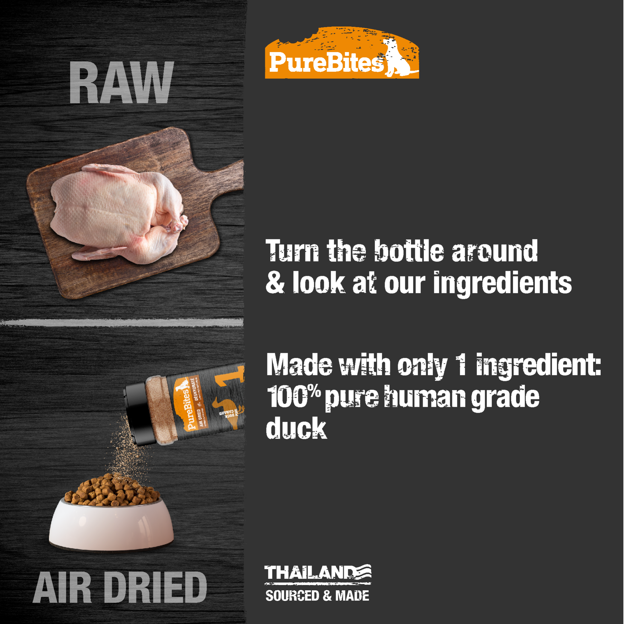 Pure Bites Air Dried Sprinkles Duck Flavour Topper For Dogs - raw to air dried benefits panel with 1 ingredient claim - Dog Treats - PureBites - PetMax Canada