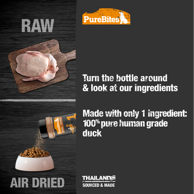 Pure Bites Air Dried Sprinkles Duck Flavour Topper For Dogs - raw to air dried benefits panel with 1 ingredient claim - Dog Treats - PureBites - PetMax Canada