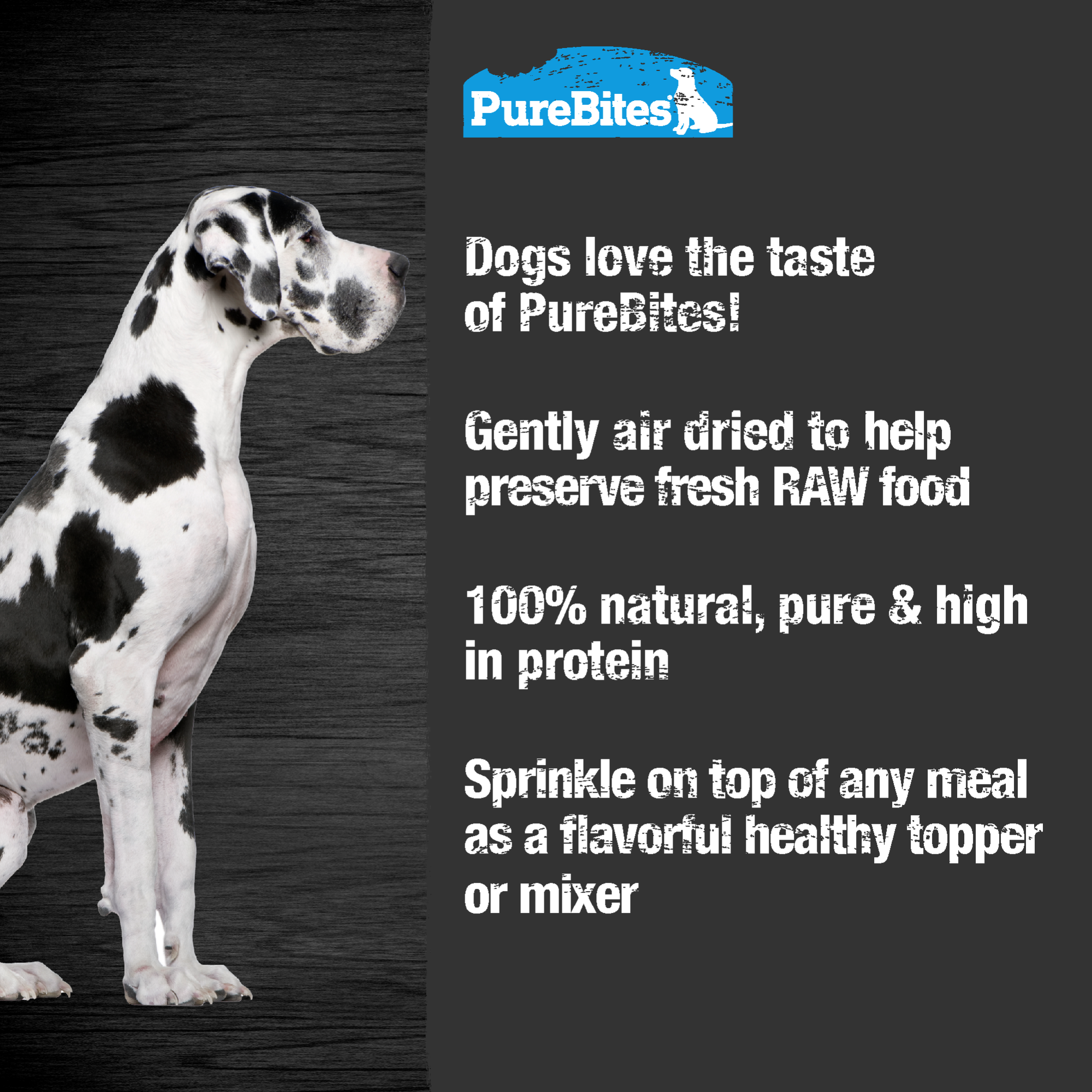 Pure Bites Air Dried Sprinkles Tuna Flavour Topper For Dogs - lifestyle image with dog and product benefits - Dog Treats - PureBites - PetMax Canada