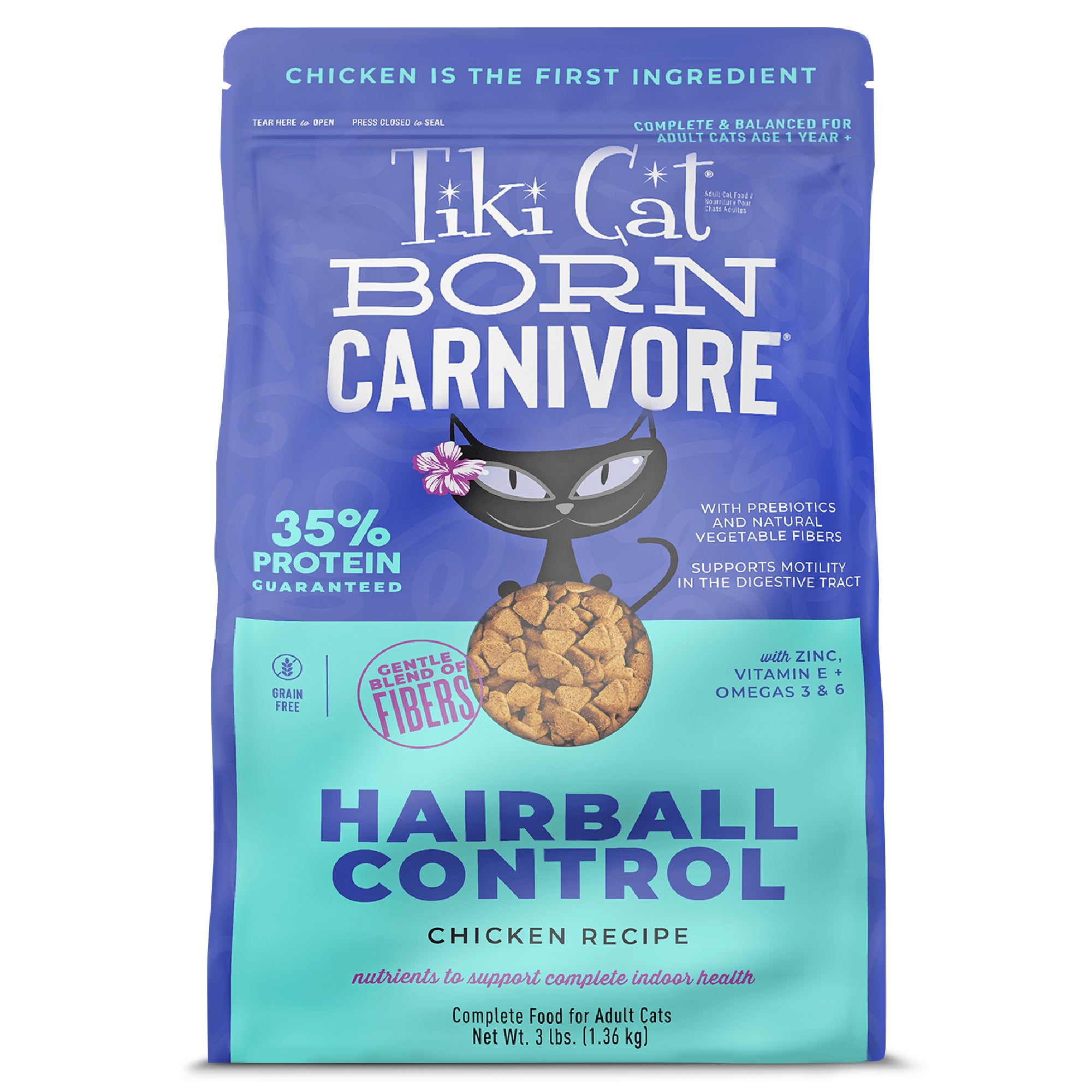 Tiki Cat Born Carnivore Hairball Chicken Recipe Dry Cat Food - Front of Bag - Tiki Cat - PetMax Canada