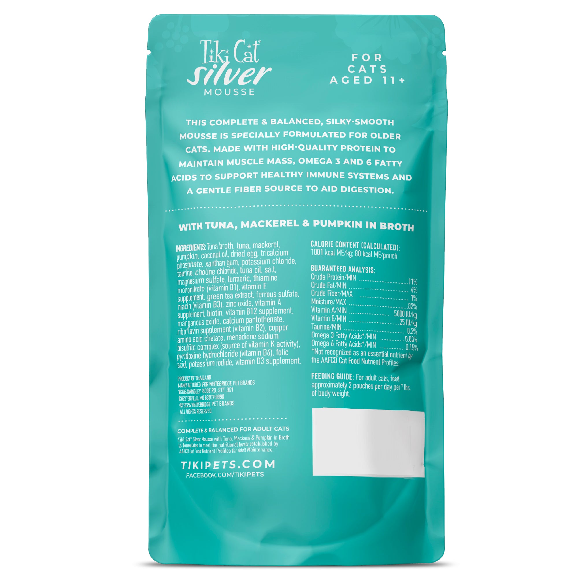 Tiki Cat Silver Mousse with Tuna, Mackerel & Pumpkin in Broth Wet Cat Food - Back of Pack Nutrition Info - Tiki Cat - PetMax Canada