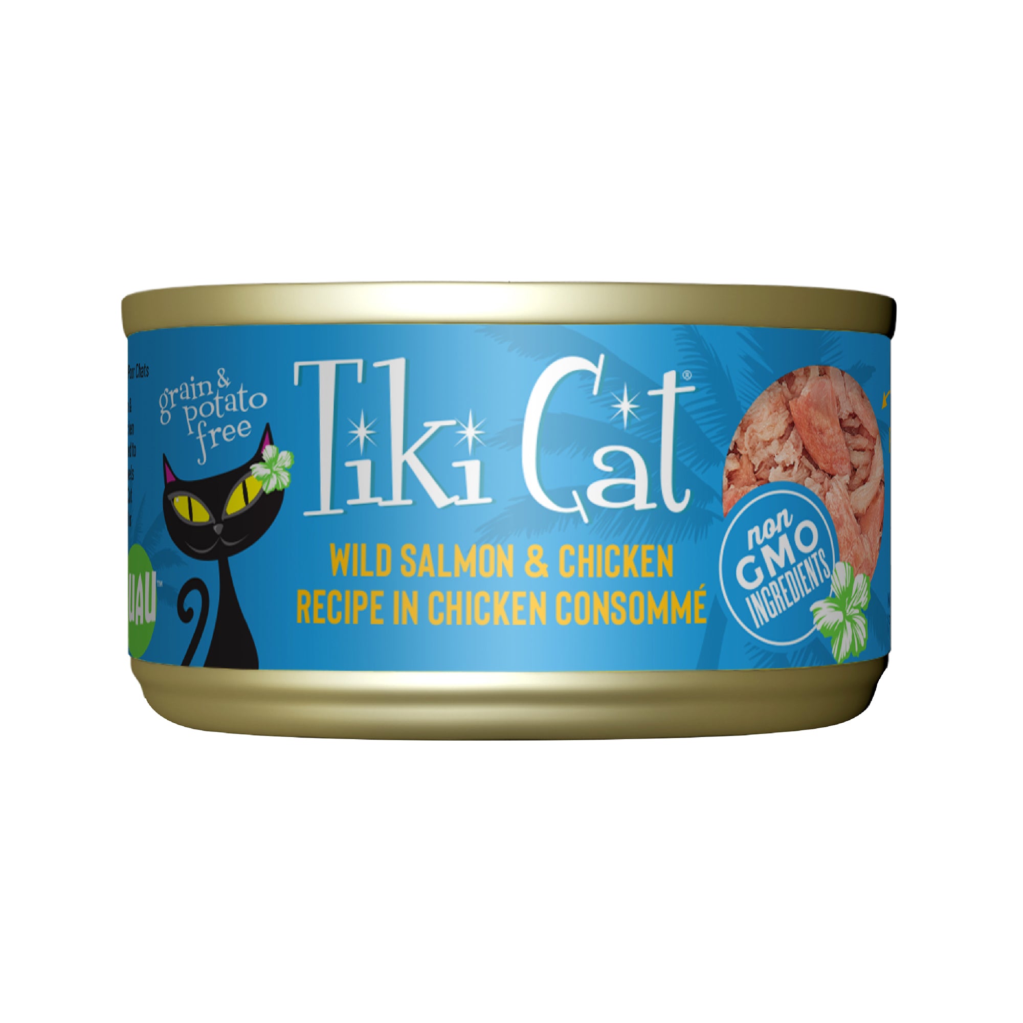 Tiki Cat Luau Wild Salmon & Chicken Recipe in Chicken Consommé Wet Cat Food - Front of Can - Tiki Cat - PetMax Canada