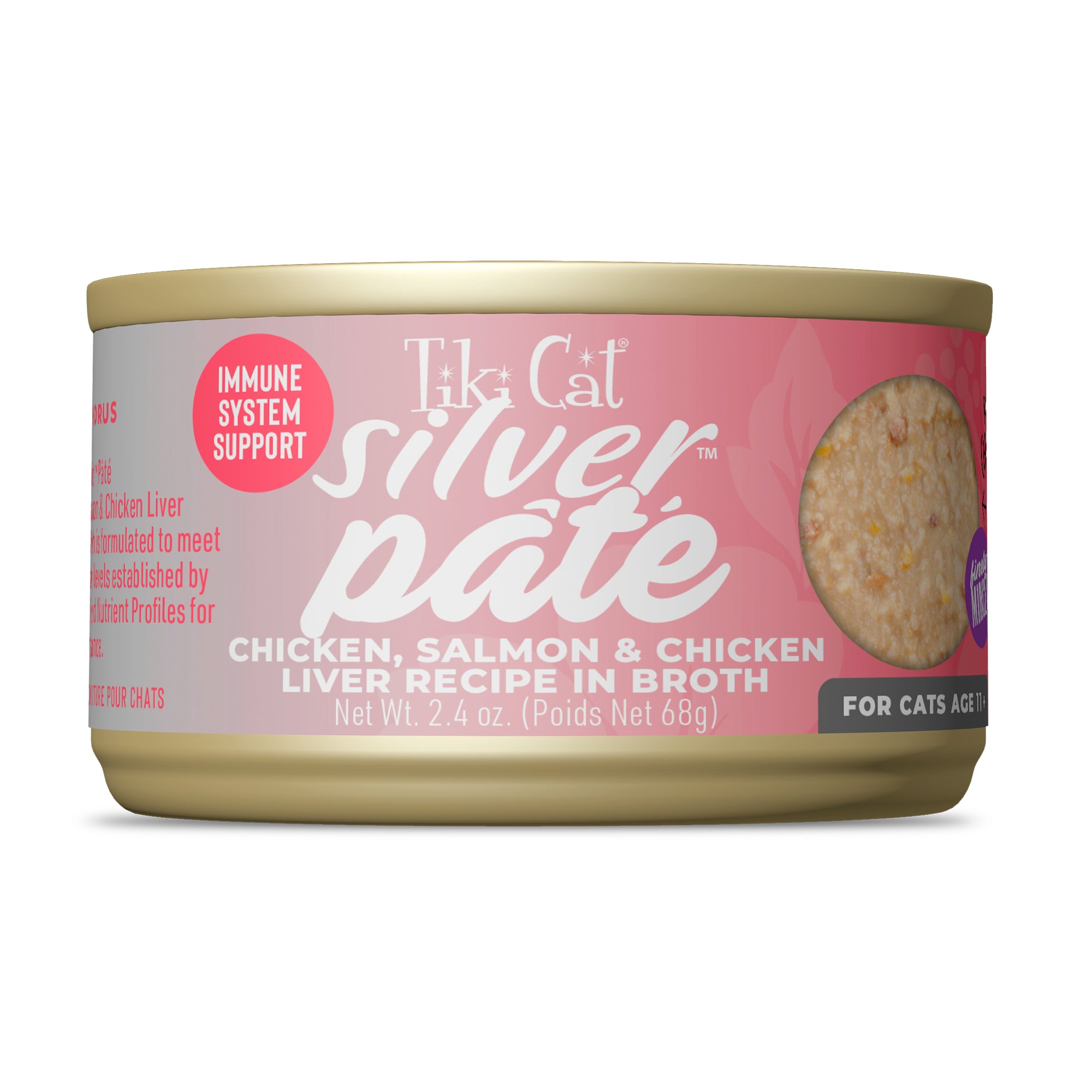 Tiki Cat Silver Pâté Chicken, Salmon & Chicken Liver Recipe in Broth Wet Cat Food - Front of Can - Tiki Cat - PetMax Canada