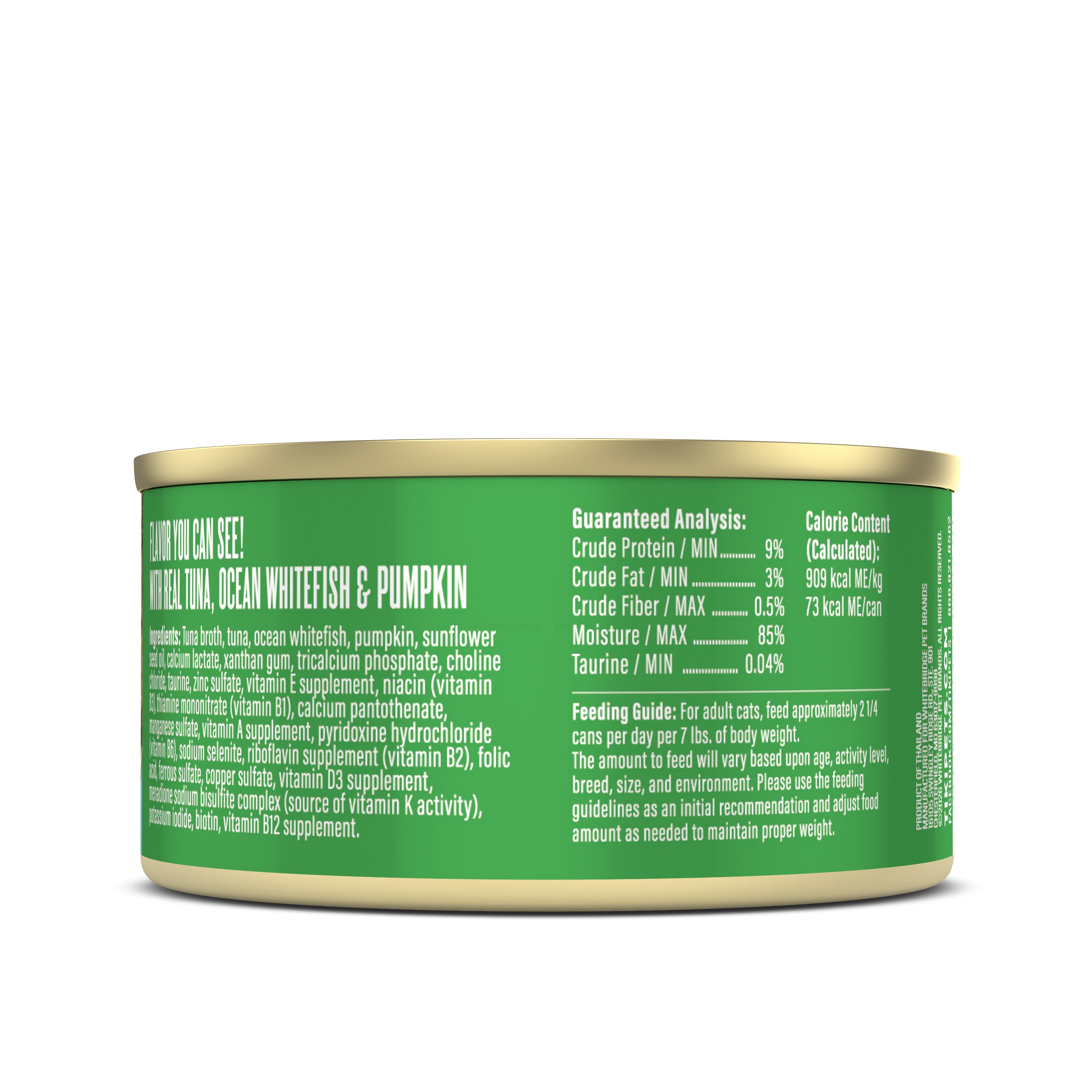Tiki Cat Aloha Friends Tuna, Ocean Whitefish & Pumpkin Recipe in Broth Wet Cat Food - Back of Pack Nutrition Info - Tiki Cat - PetMax Canada