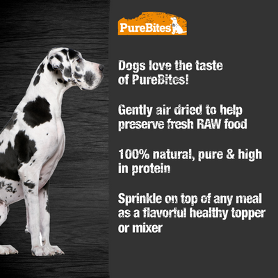 Pure Bites Air Dried Sprinkles Duck Flavour Topper For Dogs - benefits panel with dog - Dog Treats - PureBites - PetMax Canada
