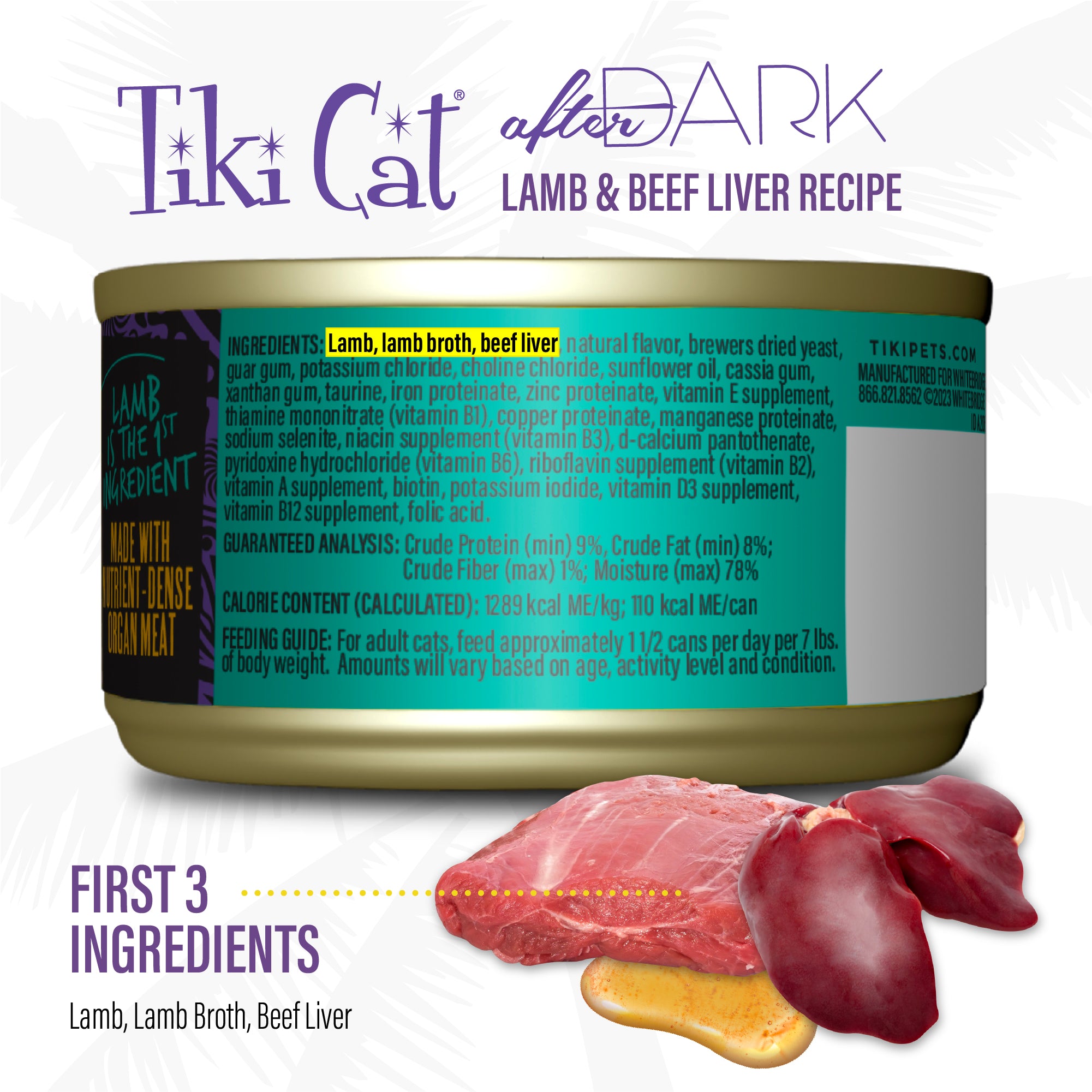 Tiki Cat After Dark Pâté Lamb & Beef Liver Recipe Canned Wet Cat Food - Product Highlights 1 - Tiki Cat - PetMax Canada