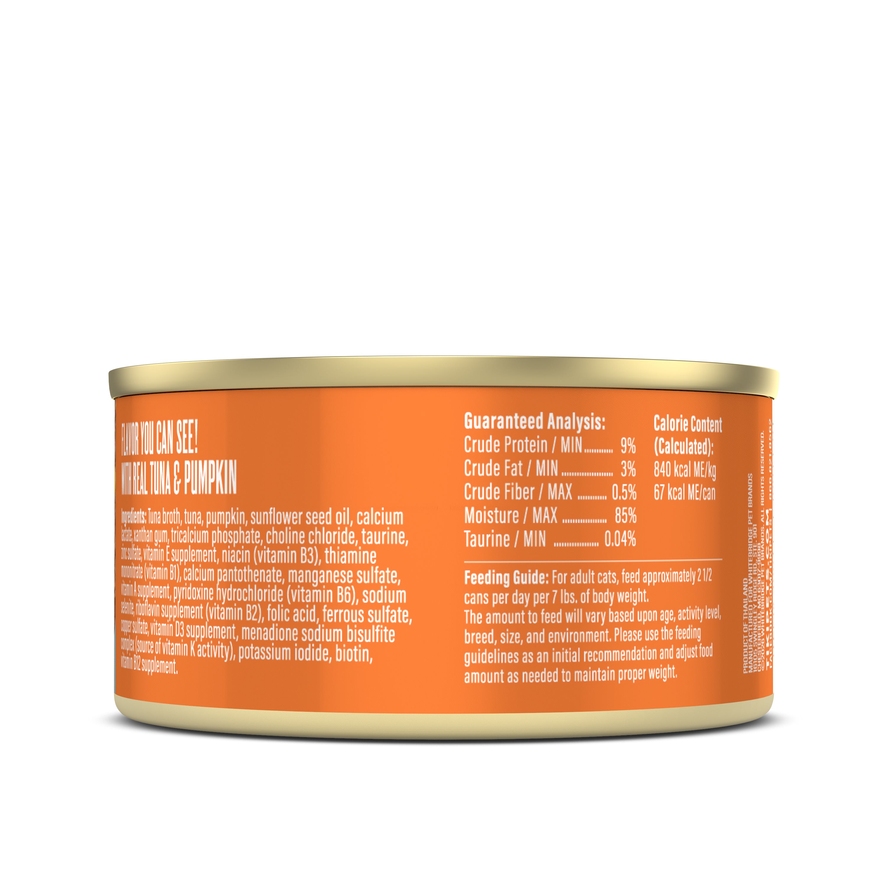 Tiki Cat Aloha Friends Tuna & Pumpkin Recipe in Broth Wet Cat Food - Back of Pack Nutrition Info - Tiki Cat - PetMax Canada