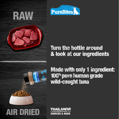 Pure Bites Air Dried Sprinkles Tuna Flavour Topper For Dogs - raw tuna and air dried sprinkles being added to a bowl of food - Dog Treats - PureBites - PetMax Canada
