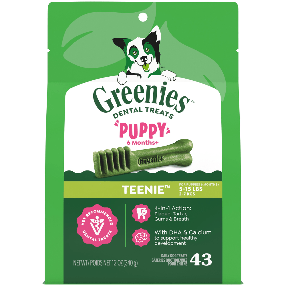 Greenies Puppy Teenie Dental Care Dog Treats - 340g pouch in the new packaging design - PetMax Canada
