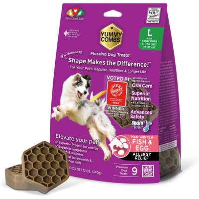 Yummy Combs Vet Approved Dental Fish & Egg Dog Treats - Large 340g bag front - PetMax Canada