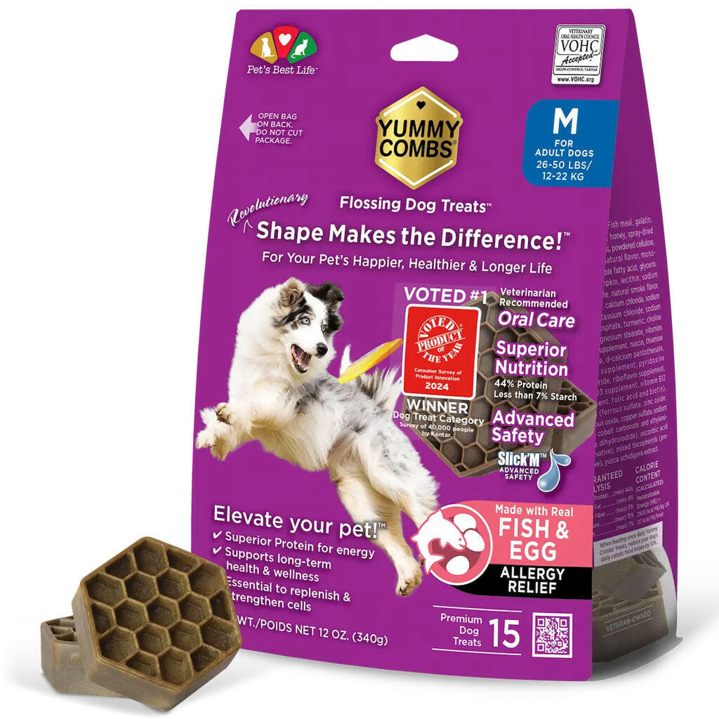 Yummy Combs Vet Approved Dental Fish & Egg Dog Treats - Medium 340g bag front - PetMax Canada
