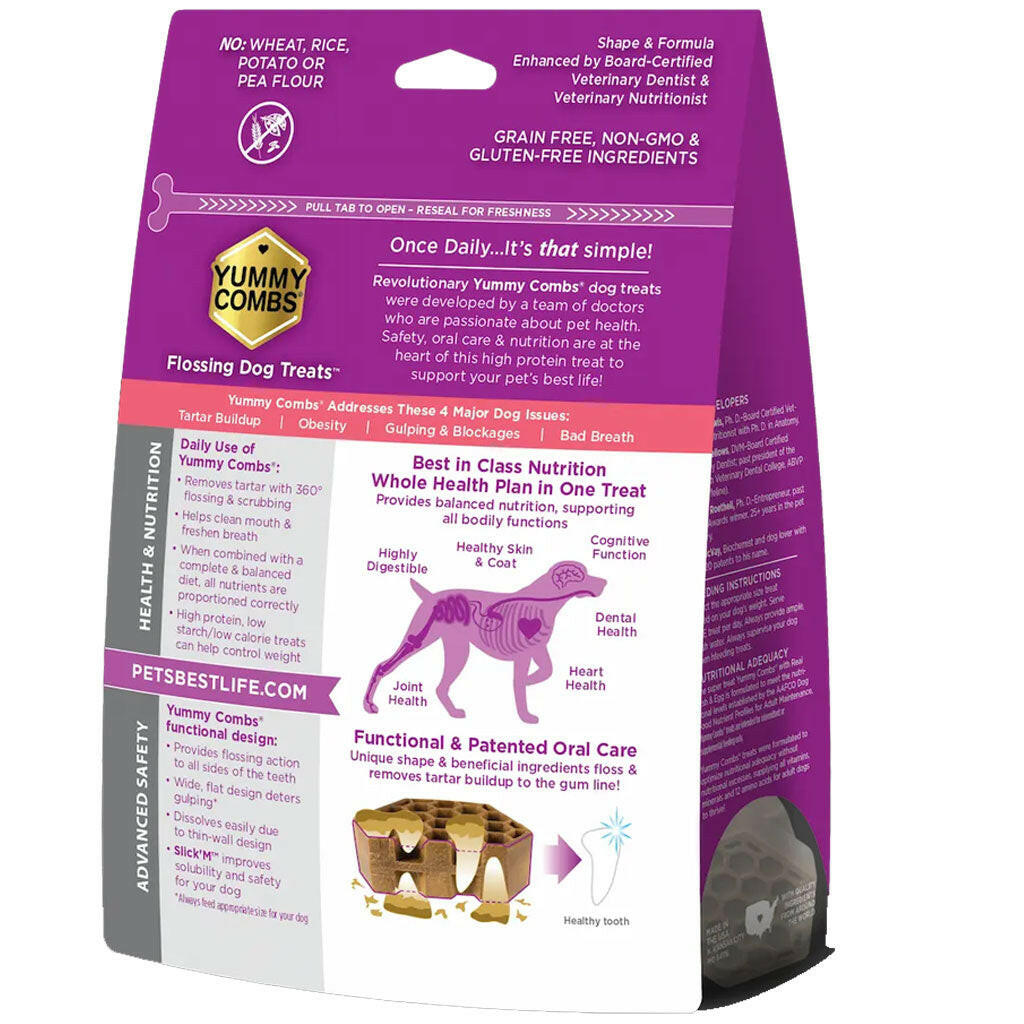 Yummy Combs Vet Approved Dental Fish & Egg Dog Treats - back of bag with benefits - PetMax Canada
