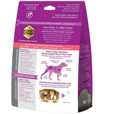 Yummy Combs Vet Approved Dental Fish & Egg Dog Treats - back of bag with benefits - PetMax Canada