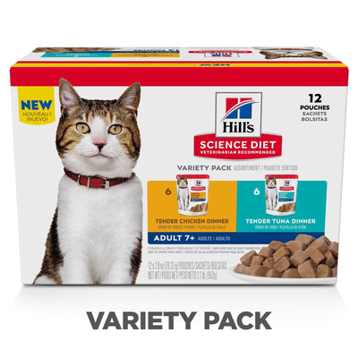 Hill's Science Diet Senior 7+ Wet Cat Food Pouch Variety Pack, Chicken and Tuna 79g pouch - 12 pouches - Canned Cat Food - Hill's Science Diet - PetMax Canada