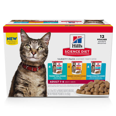 Hill's Science Diet Adult Wet Cat Food Pouch Variety Pack, Chicken, Tuna, and Ocean Fish 79g pouch - 12 pouches - Canned Cat Food - Hill's Science Diet - PetMax Canada