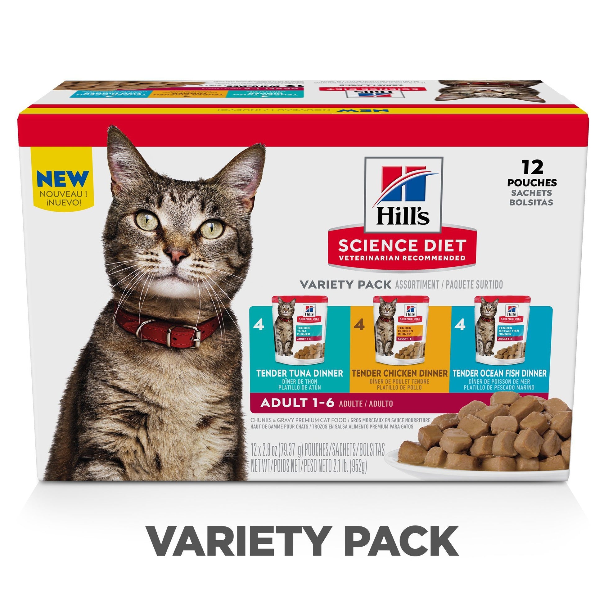 Hill's Science Diet Adult Wet Cat Food Pouch Variety Pack, Chicken, Tuna, and Ocean Fish 79g pouch  Canned Cat Food  | PetMax Canada