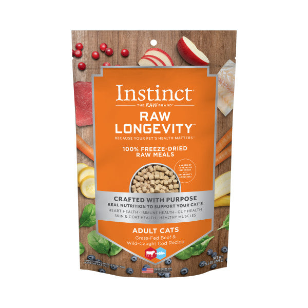 Instinct® Raw Longevity™ 100% Freeze-Dried Raw Meals Grass-Fed Beef & Wild-Caught Cod Recipe for Cats  Cat Food  | PetMax Canada