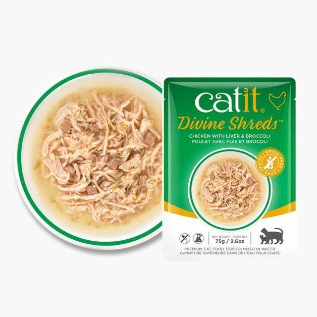 CatIt Divine Shreds Wet Pouches Chicken, Liver & Broccoli - 75g - Canned Cat Food - Catit - PetMax Canada