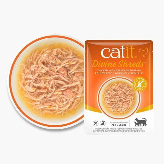 CatIt Divine Shreds Wet Pouches Chicken, Salmon & Pumpkin - 75g - Canned Cat Food - Catit - PetMax Canada