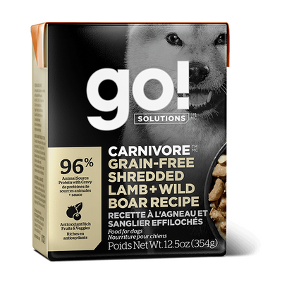 GO! CARNIVORE Grain Free Shredded Lamb + Wild Boar Recipe for dogs  Canned Dog Food  | PetMax Canada