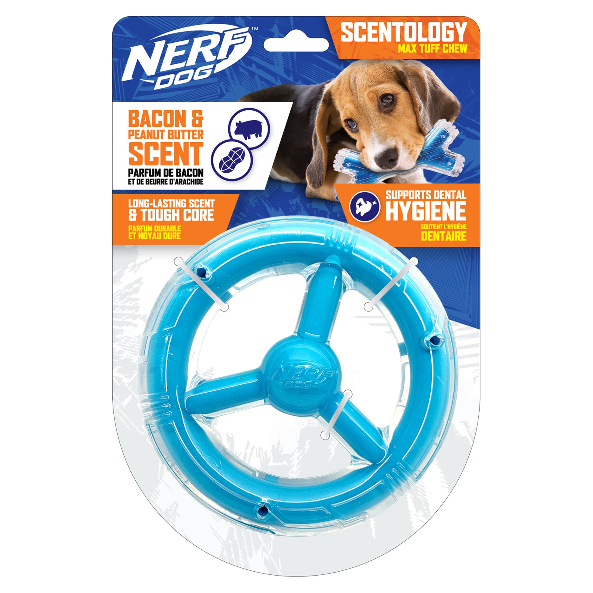 Balle Scentology Nerf Dog, parfum de bacon, bleu, Diam. 6,3 cm (2,5 po -  Boutique Le Jardin Des Animaux
